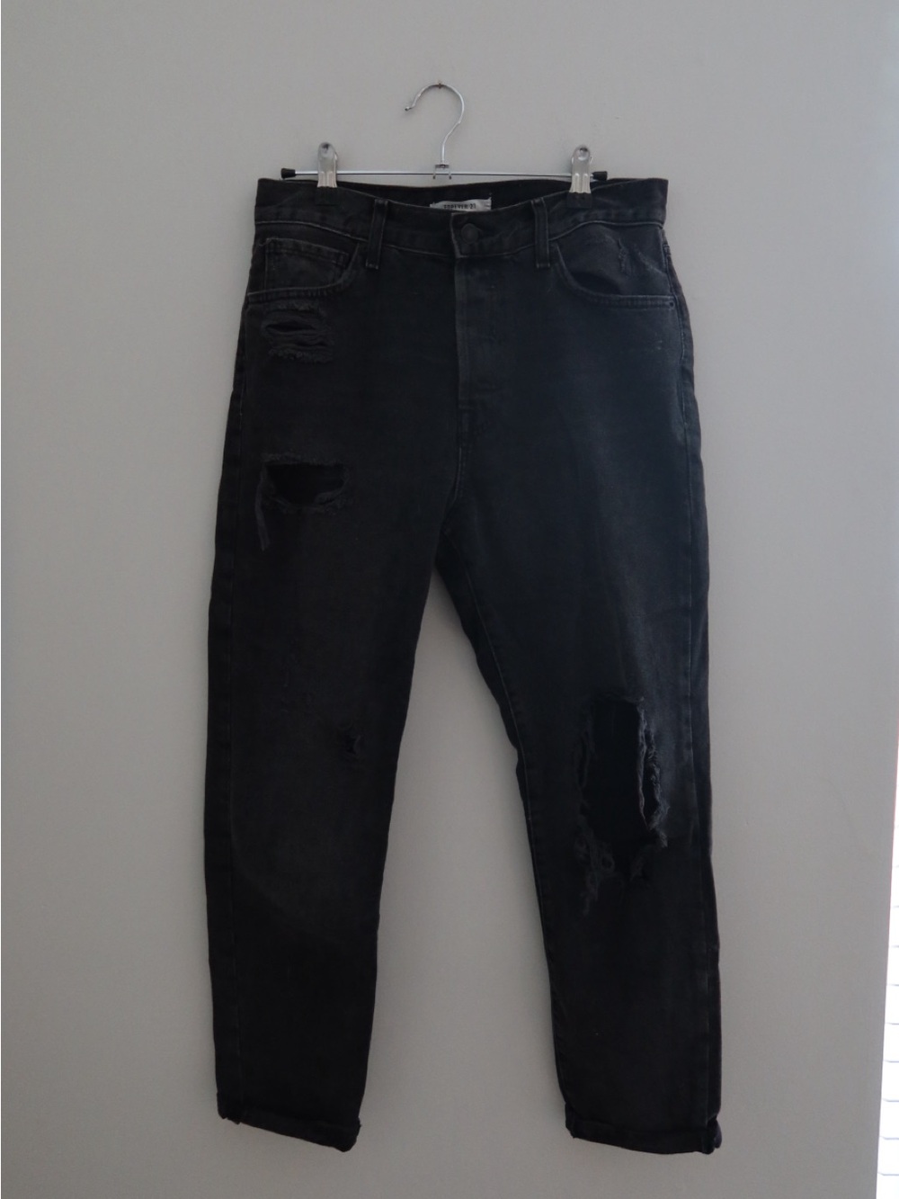 Forever 21 Black Distressed Straight Leg Jeans